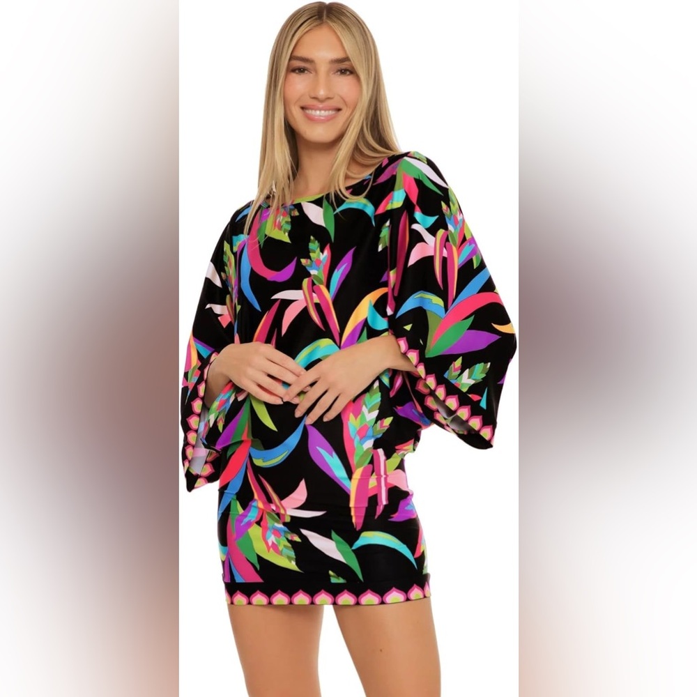TRINA TURK S M BIRDS OF PARADISE 3/4 SLEEVE TUNIC COVER-UP MULTI- EUC